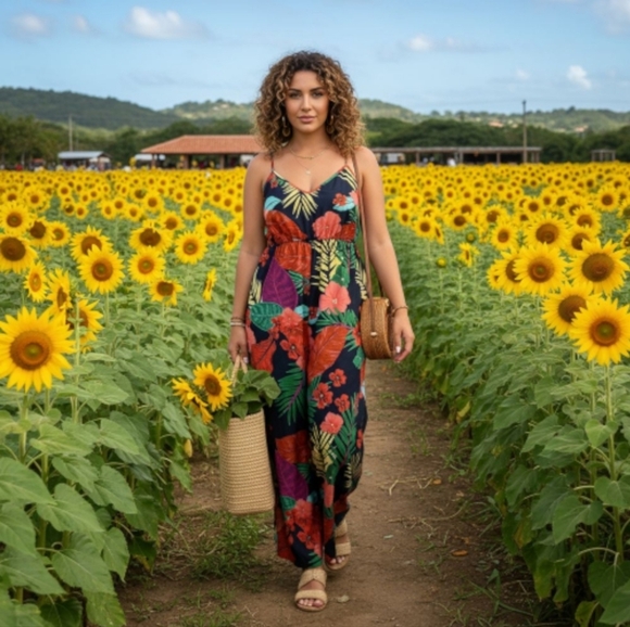 2XL Tropical Print Plus Size Jumpsuit Cami Straps Colorful Trendy Beach Vibes - Picture 5 of 10